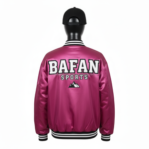 Veste bomber en satin pour femme, tissu magenta premium avec panneaux sur les manches et devant, logo personnalisé, impression à chaud, vestes en satin pour femme - Product Image 2