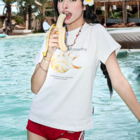 T-shirt court pour femme 100% Coton respirant, coupe ajustée, col rond, imprimé sérigraphié, style Y2K, idéal pour les vacances à la plage, écologique