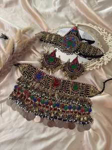 Handmade 4-Piece Traditional Afghan Jewelry Set for Wedding & Party-<b>Rings</b> Choker Earrings Bindi Tikka Stainless Steel - Product Image 2