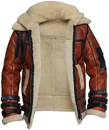 แจ็คเก็ตหนังผู้ชายหนังผู้ชายแบบนักบินสองปกหนังแกะ shearling BOMBER B3