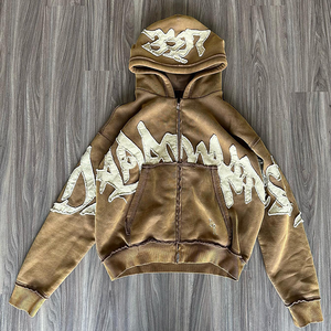 Alta calidad personalizado 100% algodón de peso pesado de gran tamaño Zip up Sun Faded Acid Wash Applique bordado desgastado sudaderas con capucha para hombres - Product Image 5