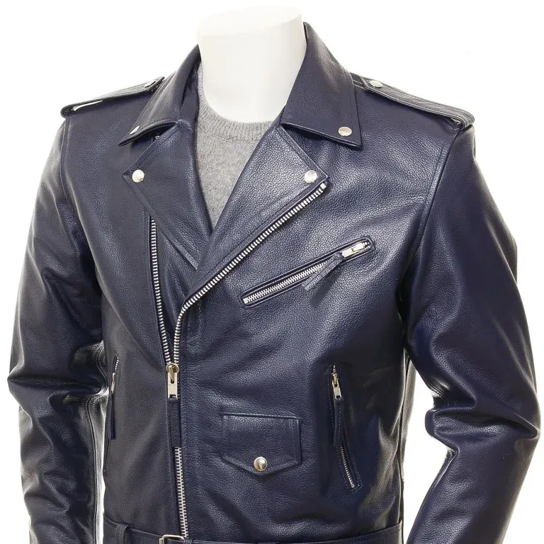 Navy Blue Cowhide Leather Biker Jacket For Men YKK Zipper Pockets Waist Belt Winter Fashion Stylish Outdoor Leather Jacket