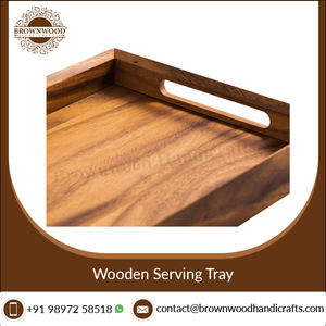 Venta de fábrica, bandeja de servicio hecha a mano de madera con asas, bandeja de servicio de comida de madera de acacia para decoración del hogar, bandeja de servicio hecha en India - Product Image 4