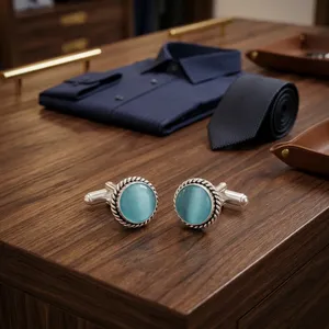Ensemble de boutons de manchette œil-de-chat bleu de haute qualité, best-seller, en argent sterling 925 plaqué, bijoux unisexes pour mariage. - Product Image 2