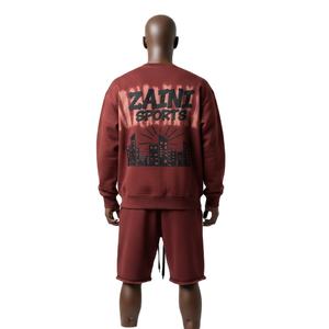 Ensemble sweat-shirt et short pour homme en coton poly French Terry épais, couleur bordeaux, effet délavé, avec logo patch. - Product Image 2