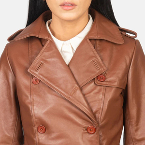 Abrigo de Cuero Tipo Gabardina para Mujer, Piel de Oveja Genuina, Color Marrón, Abrigo Largo de Invierno - Product Image 6