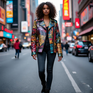 แจ็คเก็ตไบค์เกอร์หนังแท้สำหรับผู้หญิง, เสื้อแจ็คเก็ตหนังแกะพิมพ์ลายกราฟิกสำหรับขี่มอเตอร์ไซค์ - Product Image 3