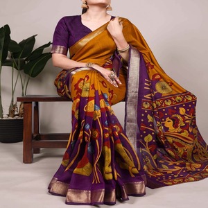 Designer Polyester Viscose Chanderi Avec Floral Imprimé Et Zari Tissage Travail Saree Femme Mode À Pas Cher Rtae - Product Image 1