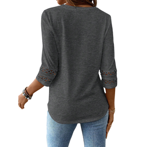 Blusa Casual de Manga Larga para Mujer, Cuello Holgado, Detalle de Encaje en las Mangas, 100% Algodón, Tejido de Verano, Elegante, Ropa de Moda para el Día a Día - Product Image 2