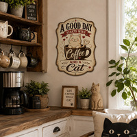 Décoration murale rétro avec citation sur le café et les chats : Une bonne journée commence avec du café et un chat, pour cuisine, café, bar, en métal gaufré, style campagnard