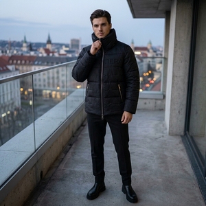 Men Black <b>Quilted</b> Puffer <b>Jacket</b> High Collar Embossed <b>Pattern</b> Warm Zip Up Winter <b>Jacket</b> OEM ODM Wholesale - Product Image 4