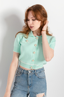 Cárdigan Corto de Punto para Mujer, Manga Corta, Cuello Polo con Botones, Cárdigan Elástico de Punto Personalizado