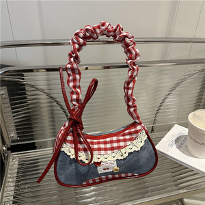 Sac sous le bras en jean pour femmes, petit sac à bandoulière, fermeture éclair, dentelle de niche, style cool et doux, patchwork, pliable, capacité de 1L - Product Image 6