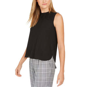 Top Senza Maniche in Chiffon da Donna Calvin Klein, Collo Plissettato con Decorazione in Pizzo, Nero Tinta Unita, Stile Vintage Casual, Taglia Grande per Ufficio, Primavera - Product Image 1