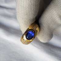 Bague de fiançailles en argent sterling plaqué or 18 carats, saphir bleu taille ovale, faite à la main, style vintage indien, sertie à griffes, troisième partie