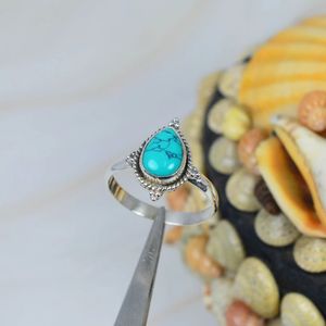 925 Sterling Silver Classic Fine Ring Pear Cut Turquoise Gemstone Excellente idée cadeau pour les mariages Fiançailles Anniversaires Fêtes - Product Image 4
