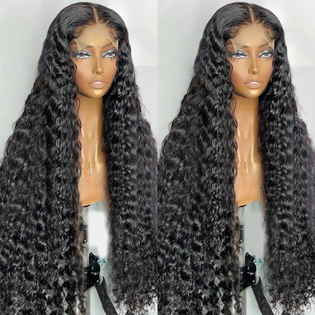 100%Human Hair Wig Brazilian Hair Pre Plucked Deep Wave Front Lace Wig Water Wave Curly 4x4 13x4 HD Lace Frontal Wigs