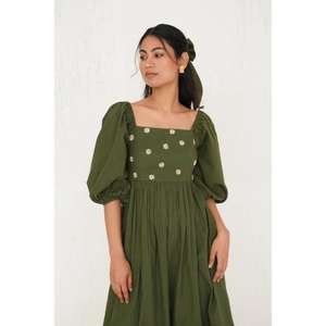 Vestido Casual de Verano para Mujer, Bordado, Largo hasta el Suelo, Cuello en V, Manga Corta, Color Sólido, Algodón, Estampado Floral, Estilo Urbano, Ecológico - Product Image 3