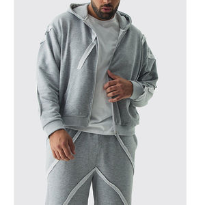 Survêtement homme de haute qualité en coton d'hiver, style streetwear, gris, jambe large, surdimensionné, style boxy, avec fermeture éclair, panneau brodé, jogging - Product Image 4
