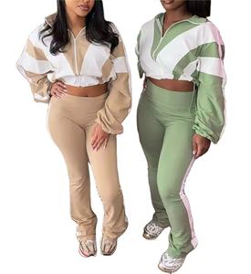 Acheter en gros à la mode deux pièces ensemble pour femme bloc de couleur à manches longues fermeture éclair veste courte et pantalon ajusté skinny survêtement - Product Image 1