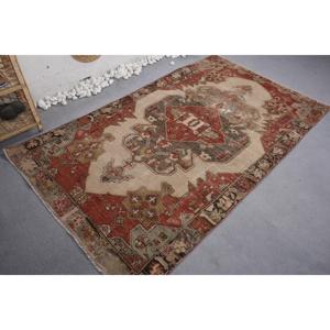 Turkish Rug, 4.2x7.2 ft Area Rug, <b>Red</b> Camouflage <b>Wool</b> Vintage Rug - Product Image 2