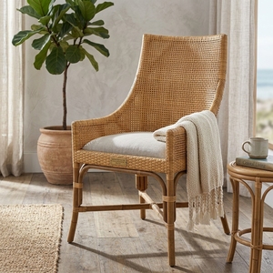 Natural <b>High</b> <b>Back</b> Woven Rattan Dining Armchair Cushioned Seat Light Brown Outdoor Patio <b>Garden</b> <b>Chair</b> Setup Art Design Decor - Product Image 2