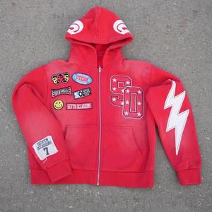 Sweat à capuche en polaire vieilli délavé à l'acide pour hommes vintage personnalisé hiver Streetwear broderie appliques Patchwork 100% coton respirant - Product Image 1