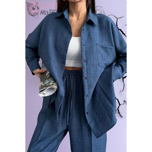 Pantaloni camicia da donna in lino Beige doppio con spago - Product Image 6