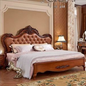 Ensemble de meubles de chambre à coucher classique européen de luxe, lit en teck massif sculpté à la main, 2 tables de chevet, design royal traditionnel rembourré - Product Image 1