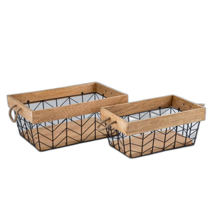 High Quality Set of 2 Round Wooden Base Steel <b>Wire</b> <b>Basket</b> Multipurpose Home Use Laundry <b>Basket</b> with Powder Coat Finish - Product Image 2