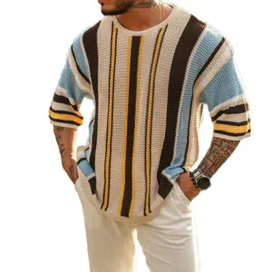 Matching color lapel slim-fit plus size fashion European and American vintage striped sweater knitted fabric