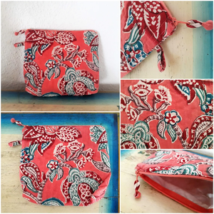 Estuche de algodón indio multiusos impreso a mano, Neceser de maquillaje, flores, blanco, gris, azul, coral, mostaza - Product Image 2