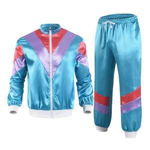 Survêtement de fête pour femmes des années 80 Y2K Color Block Satin Hip Hop Style Sports Set Stand Collar Zipper Jacket with Drawstring Sweatpants - Product Image 1