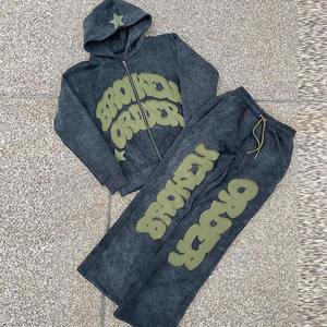 Ensemble de survêtement unisexe de haute qualité avec broderie et fermeture éclair délavée, ensemble de pantalons de survêtement et sweat à capuche personnalisés et lourds avec lavage à l'acide - Product Image 2