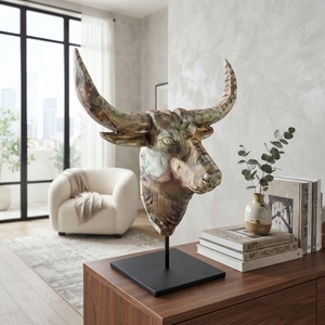 Handcrafted <b>wooden</b> bull suge stand sculpture <b>rustic</b> teak carved longhorn skull statue metal base table accent decoration item - Product Image 3