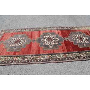 Turkish Large Rug 4.9x11.5 ft, <b>Red</b> Gray Polka dot Rug <b>Wool</b> - Product Image 4