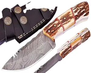Ukuran khusus kualitas Premium buatan tangan Damaskus baja pisau berburu tanduk rusa menangani pisau skuner Model S24
