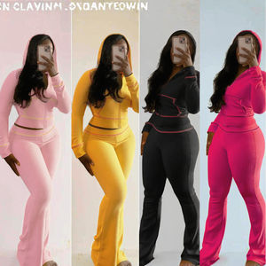 Ensemble de vêtements de sport pour femmes, 2 pièces – Veste zippée et leggings évasés à bordure en dentelle, vêtements de sport courts - Product Image 1