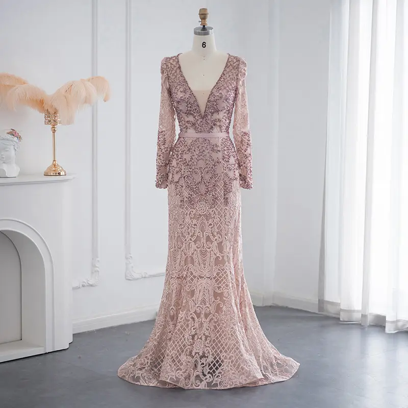 Jancember LSCZ73 Elegant Pink Pattern V-neck Organza Full Sleeve Mermaid Evening Dress
