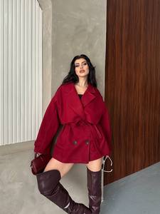 Manteau trench en tissu brossé rouge avec ceinture, double boutonnage, col chemise, manches longues, automne, décontracté, réversible, coupe-vent - Product Image 6