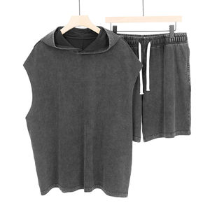 OEM personalizado de los hombres de rizo 100% de algodón casual lavado vintage con capucha de dos piezas conjunto de pantalones cortos de verano con capucha conjuntos de secado rápido - Product Image 5