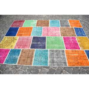 พรมขนแกะสไตล์ตุรกีวินเทจขนาด5.6x7.8ฟุตดีไซน์คลาสสิกงานเย็บปะขนกระต่ายสังเคราะห์งานแฮนด์เมดพรมยางปูพื้น - Product Image 4