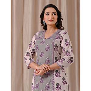 White Grey Cotton <b>Kurti</b> with Butta Block Print Straight Fit Other Ethnic Accessories - Product Image 1