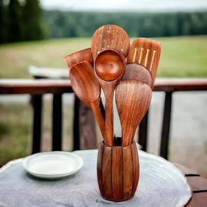 Ensemble de couverts en bois d'olivier biologique écologique Ustensiles faits à la main, y compris une cuillère de service par l'artisanat du croissant - Product Image 5