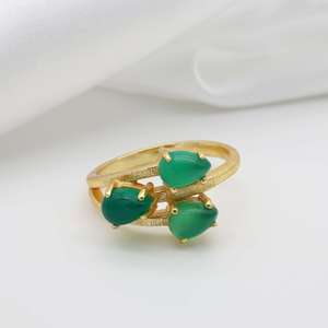 Anillo de piedras preciosas de ónix verde exquisito chapado en oro al por mayor, joyería de latón de pera multipiedra, joyería de moda para mujeres y niñas - Product Image 2