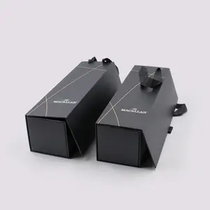Custom Logo Luxury Matte Rigid Black Gift Box with Handle Magnetic Closure Cardboard Folding Paper Box For Wine