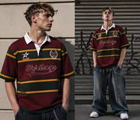 Desain Asli Bordir Logo Kustom Kaos Rugby Retro Sublimasi Kontras Bergaris Kerah Polo Lengan Panjang Jersey Rugby
