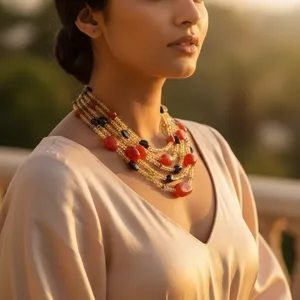 Collar de múltiples hilos con piedras preciosas rojas y negras, joyería en capas a la moda - Product Image 2