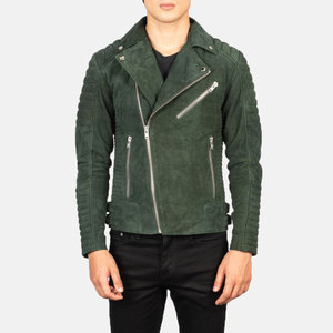 <b>Men's</b> Green <b>Suede</b> Reversible Breathable Moto <b>Jacket</b> Turn-down Collar Zipper Closure Slim Fit Regular Length Winter Wear - Product Image 1