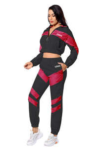 Forte demande noir/rouge rayure Patchwork deux pièces survêtement pour femmes 100% coton à capuche et survêtement Gym formation et Streetwear ensemble - Product Image 3